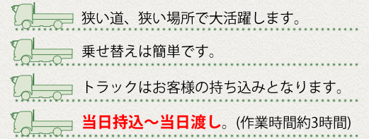 狭い道、狭い場所で大活躍します。
乗せ替えは簡単です。
トラックはお客様の持込となります。