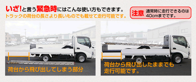 トラックの荷台の長さより長いものでも載せて走行可能です。
